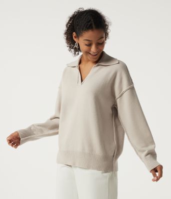 Polo Neck Long Sleeve Dropped Shoulder Casual Sweater
