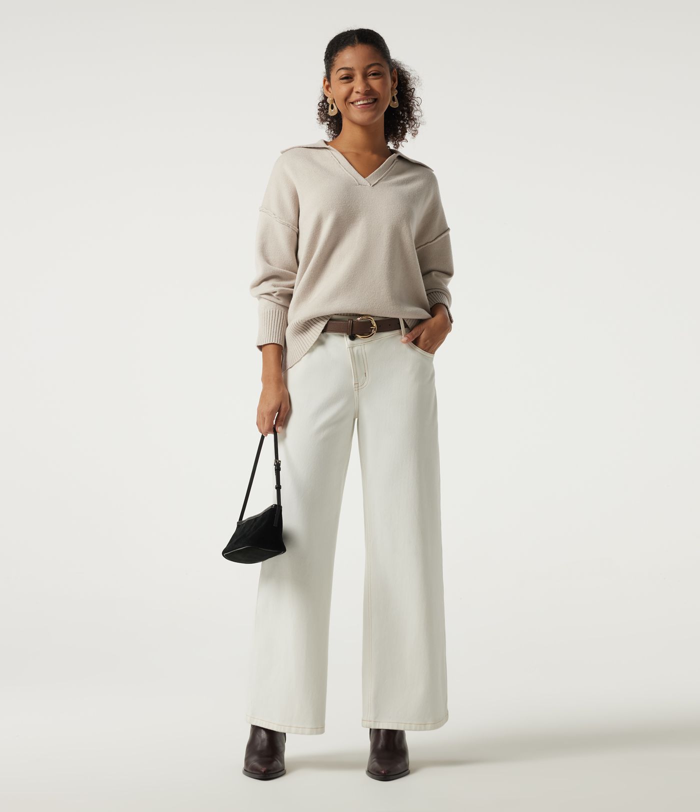 Polo Neck Long Sleeve Dropped Shoulder Casual Sweater
