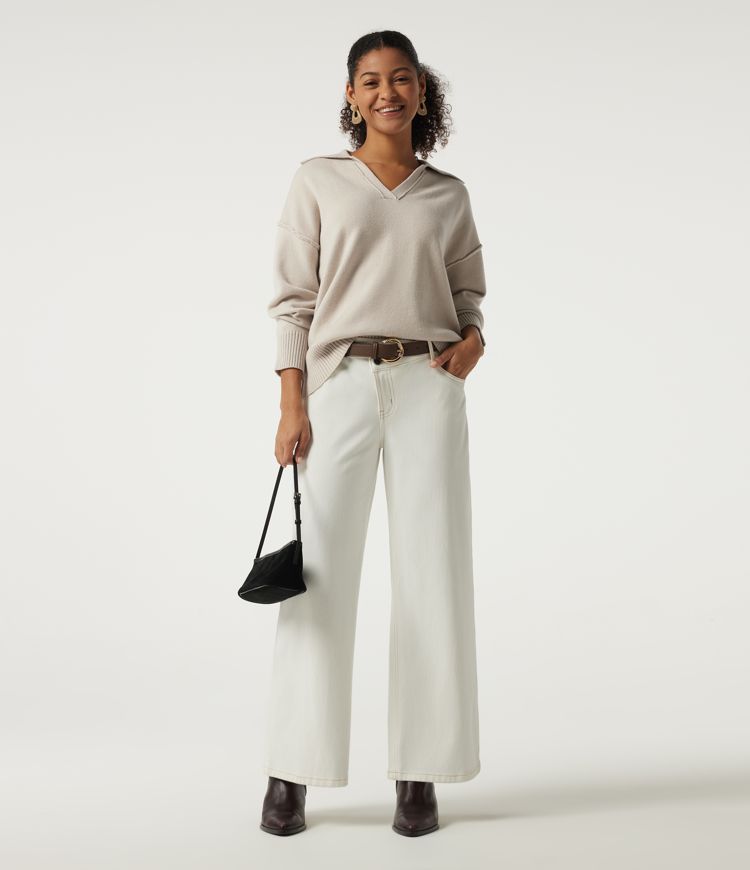 Polo Neck Long Sleeve Dropped Shoulder Casual Sweater