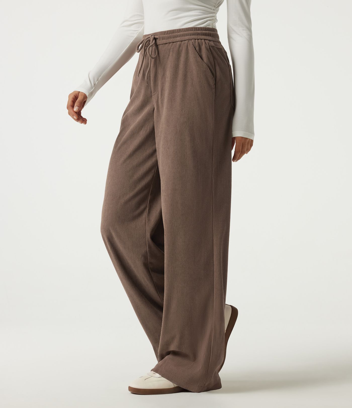 High Waisted Drawstring Wide Leg Corduroy Casual Pants with Pockets