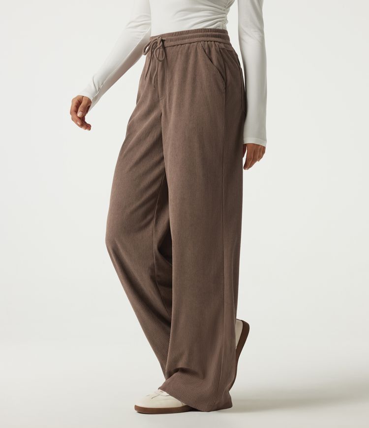 High Waisted Drawstring Wide Leg Corduroy Casual Pants with Pockets