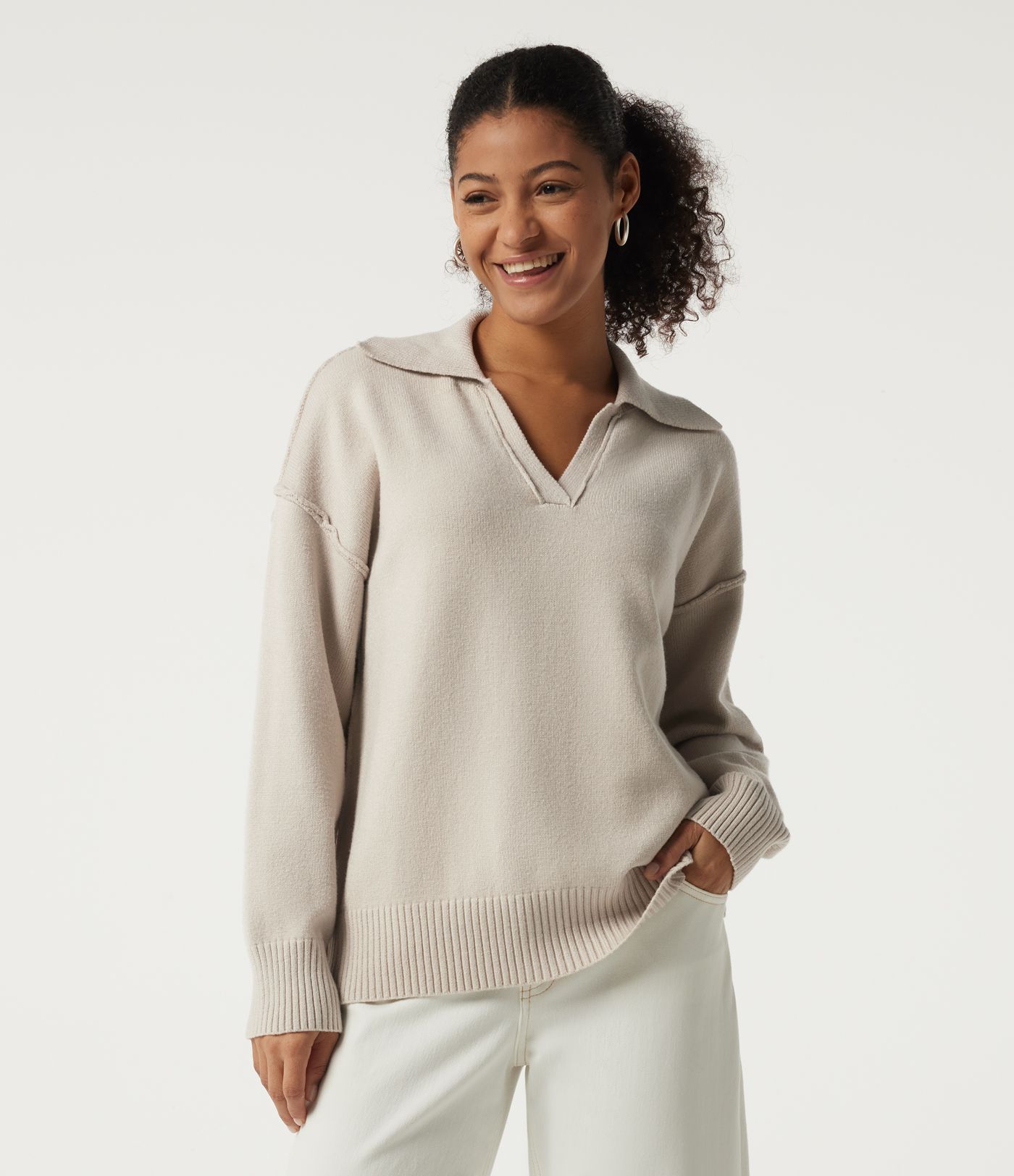 Polo Neck Long Sleeve Dropped Shoulder Casual Sweater