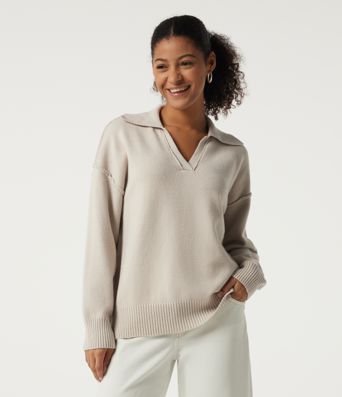 Polo Neck Long Sleeve Dropped Shoulder Casual Sweater