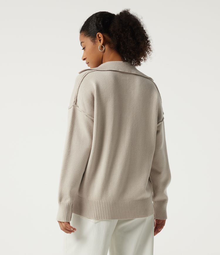 Polo Neck Long Sleeve Dropped Shoulder Casual Sweater