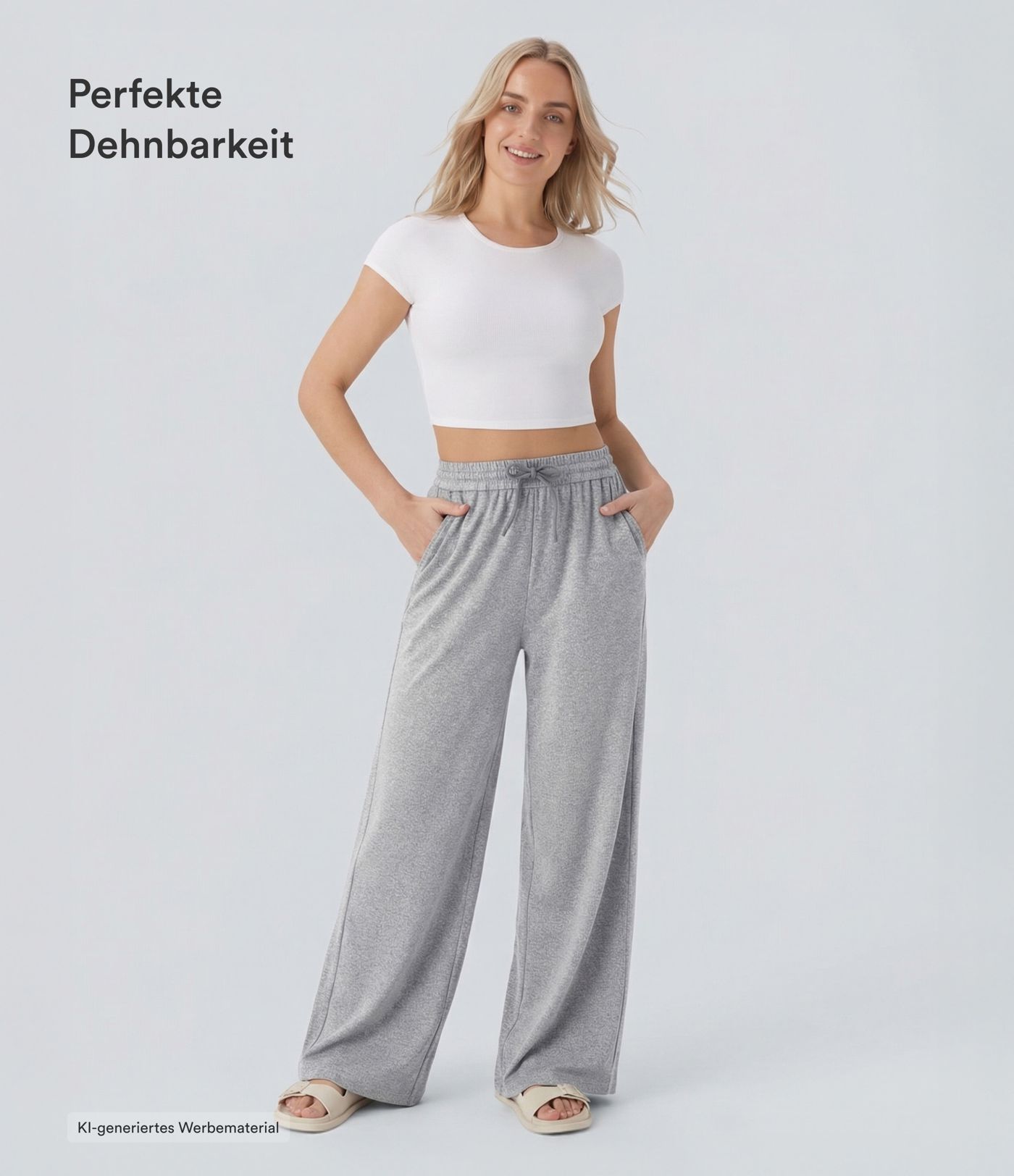Freizeithose mit hohem Bund, Kordelzug, Seitentaschen und weitem Bein Freizeithose mit hohem Bund, Kordelzug, Seitentaschen und weitem Bein