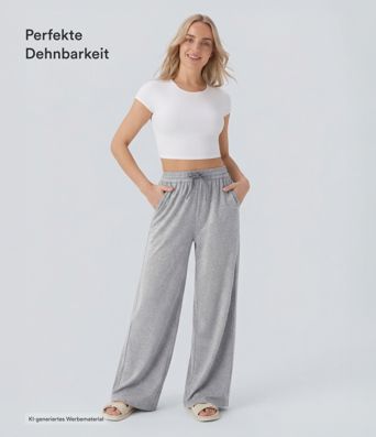 Freizeithose mit hohem Bund, Kordelzug, Seitentaschen und weitem Bein Freizeithose mit hohem Bund, Kordelzug, Seitentaschen und weitem Bein
