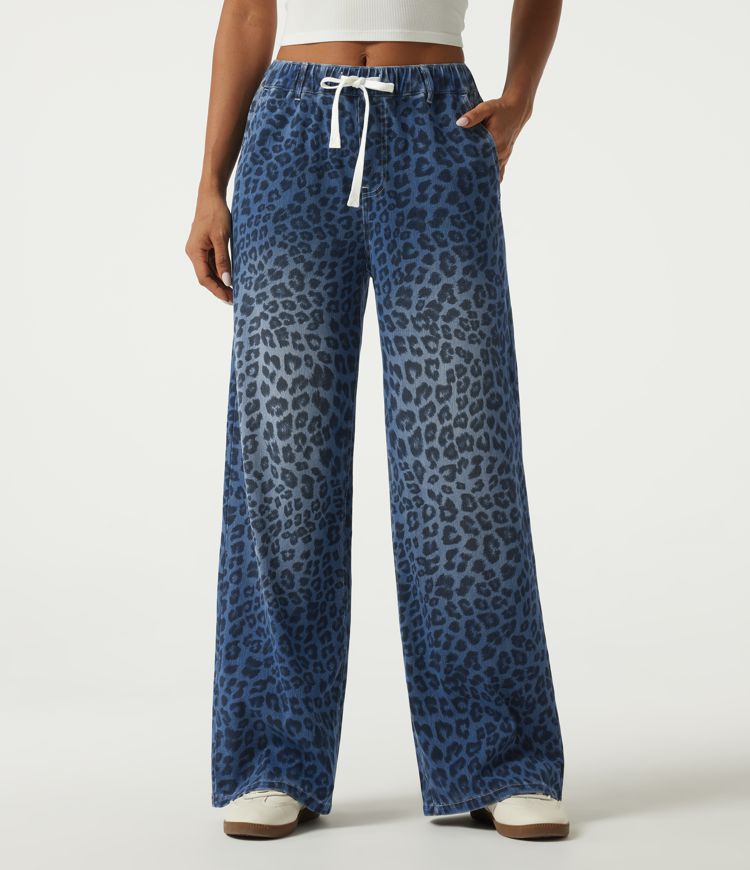 Halara Flex™ Mid Rise Drawstring Leopard Print Casual Jeans with Pockets