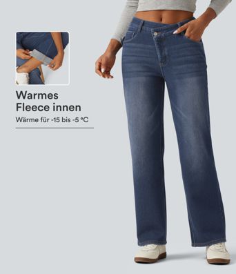Lässige Fleece-Jeans mit mittelhohem Crossover-Bund, mehreren Taschen und geradem Bein Lässige Fleece-Jeans mit mittelhohem Crossover-Bund, mehreren Taschen und geradem Bein