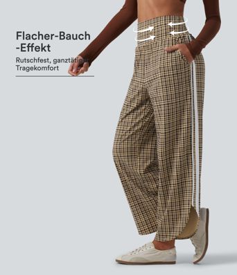 Laufhose mit hohem Bund, Seitentaschen, Bauchkontrolle, Karomuster und weitem Bein Laufhose mit hohem Bund, Seitentaschen, Bauchkontrolle, Karomuster und weitem Bein