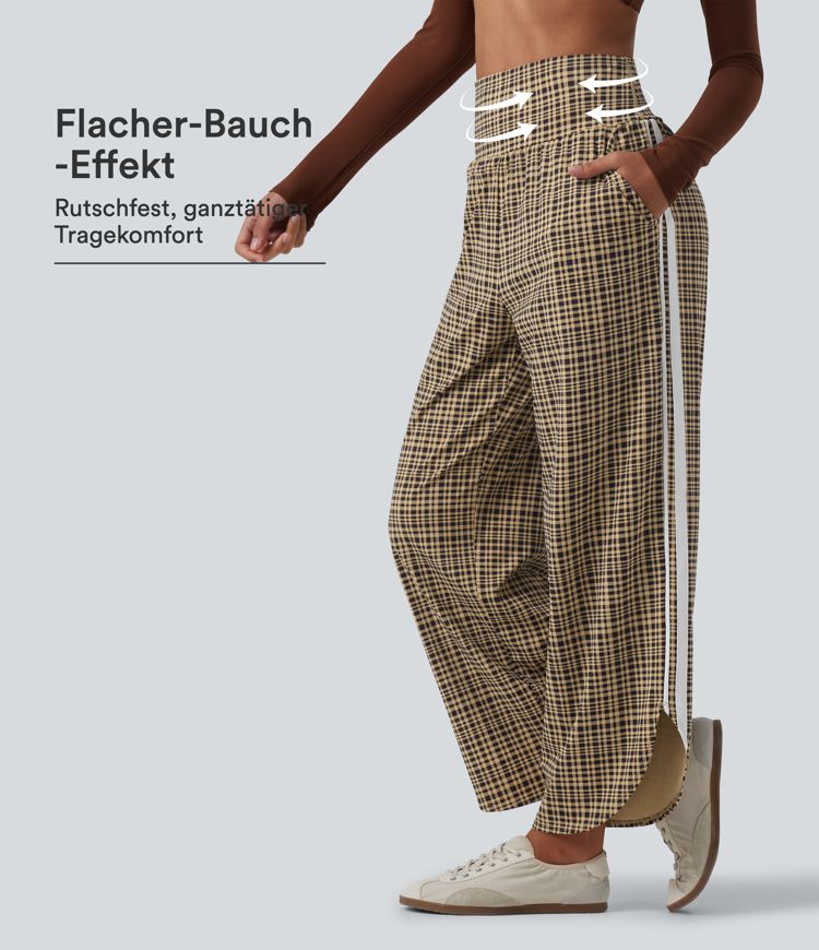 Laufhose mit hohem Bund, Seitentaschen, Bauchkontrolle, Karomuster und weitem Bein Laufhose mit hohem Bund, Seitentaschen, Bauchkontrolle, Karomuster und weitem Bein