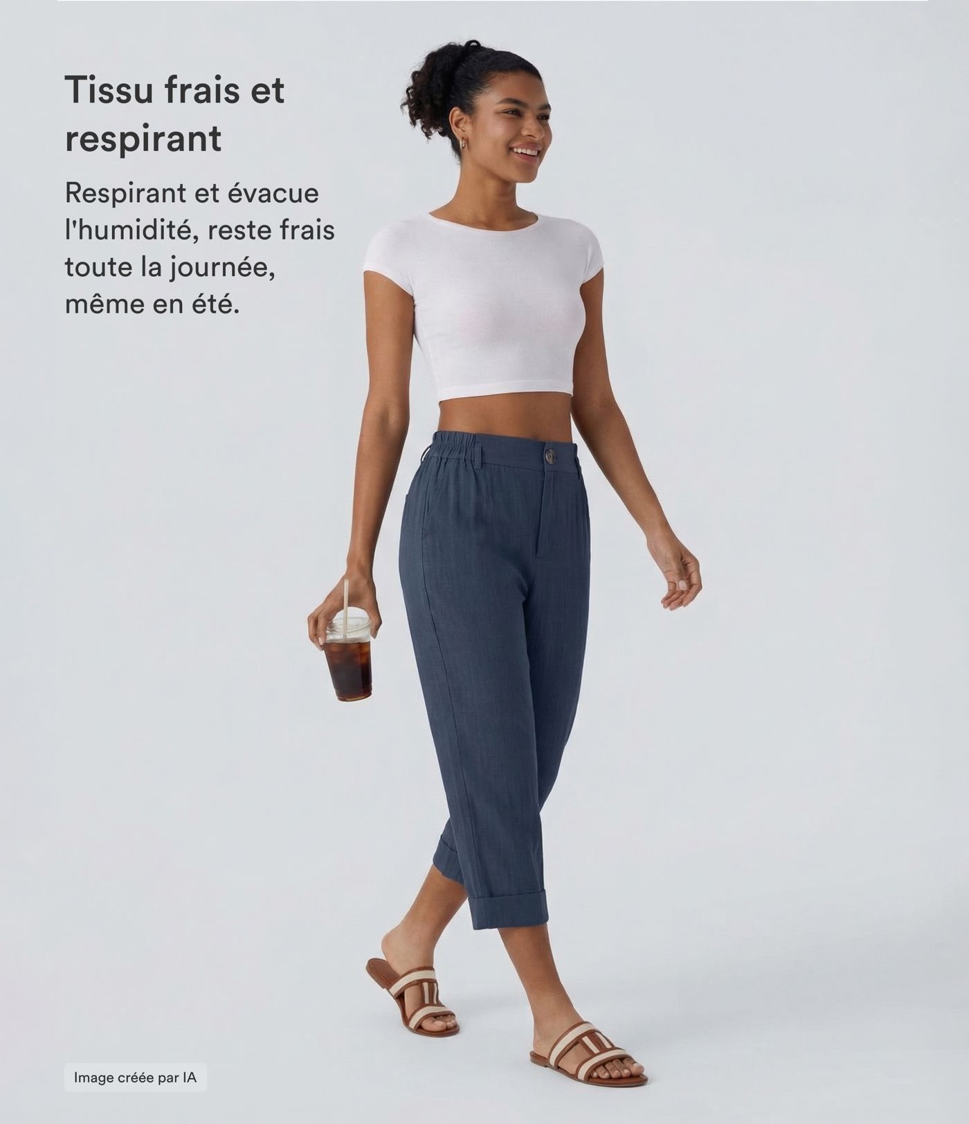 Pantalon capri effet lin taille haute avec poches zippées