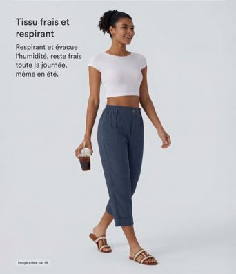 Pantalon capri effet lin taille haute avec poches zippées