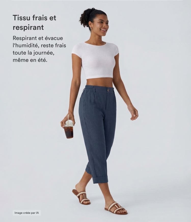 Pantalon capri effet lin taille haute avec poches zippées