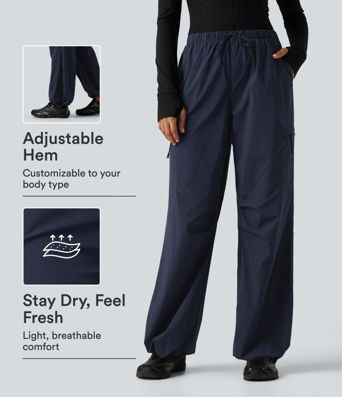 Mid Rise Drawstring Ruched Wide Leg Hiking Pants with Pockets Mid Rise Drawstring Ruched Wide Leg Hiking Pants with Pockets