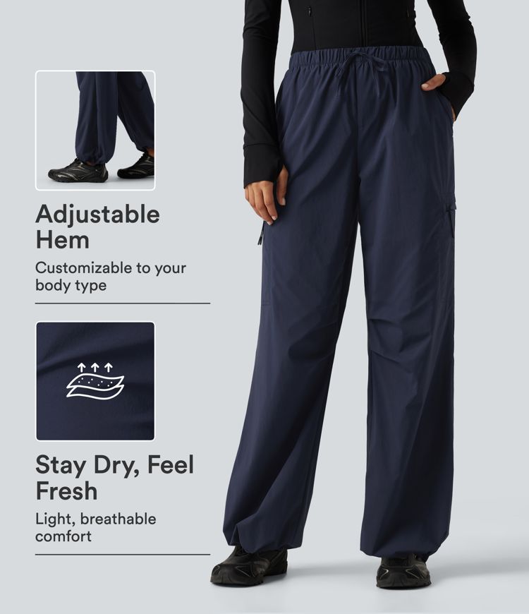 Mid Rise Drawstring Ruched Wide Leg Hiking Pants with Pockets Mid Rise Drawstring Ruched Wide Leg Hiking Pants with Pockets