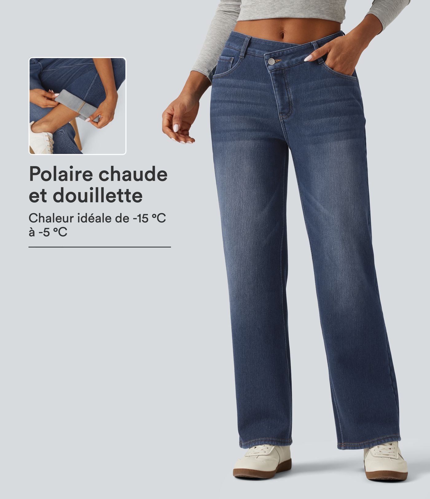 Jean droit doublé polaire à taille mi-haute, design asymétrique avec poches Jean droit doublé polaire à taille mi-haute, design asymétrique avec poches