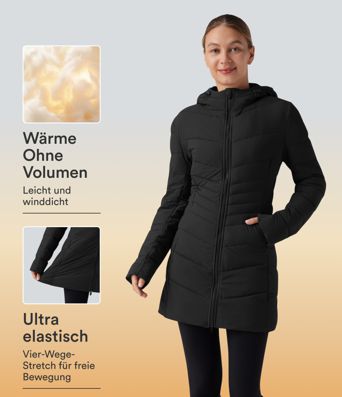 PuffFlex - Lässige, gefütterte Jacke mit Kapuze und Seitentaschen - extralang, stretchy