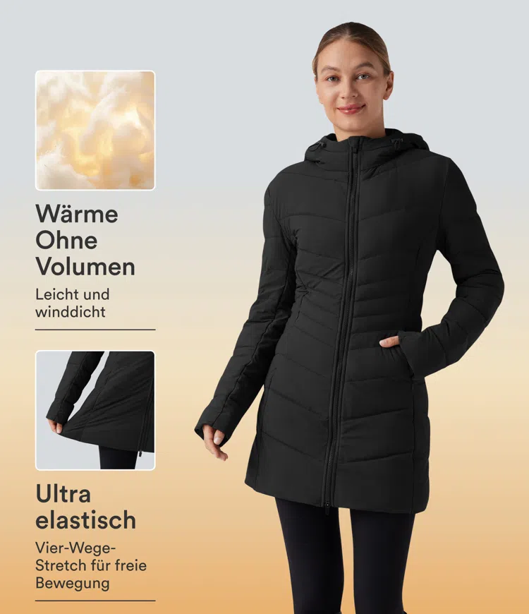 PuffFlex - Lässige, gefütterte Jacke mit Kapuze und Seitentaschen - extralang, stretchy