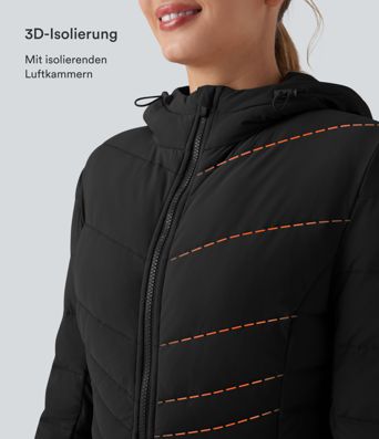 PuffFlex - Lässige, gefütterte Jacke mit Kapuze und Seitentaschen - extralang, stretchy