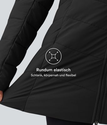 PuffFlex - Lässige, gefütterte Jacke mit Kapuze und Seitentaschen - extralang, stretchy