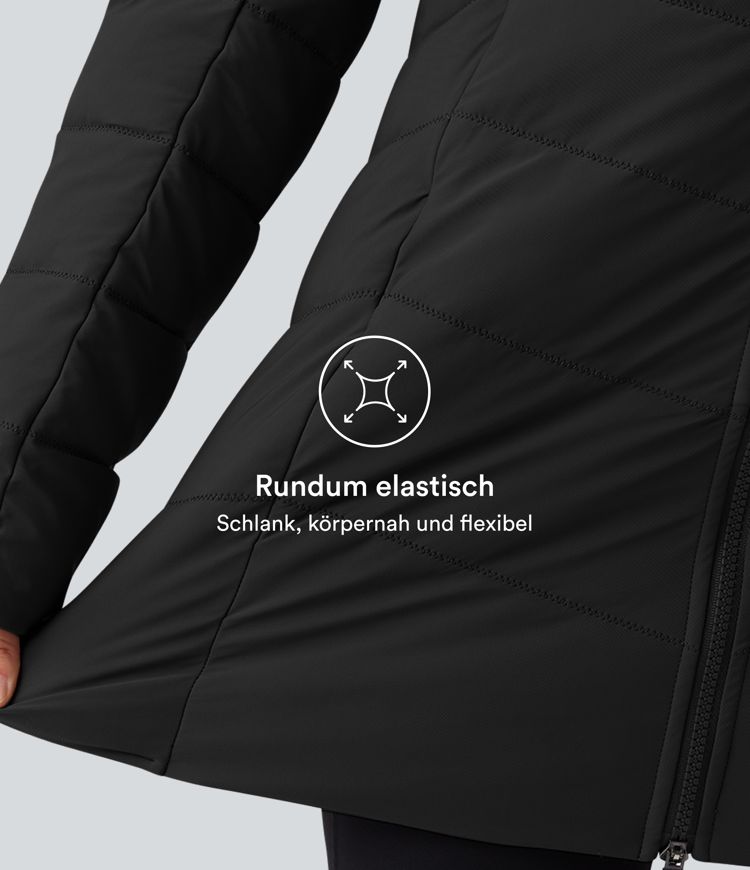 PuffFlex - Lässige, gefütterte Jacke mit Kapuze und Seitentaschen - extralang, stretchy