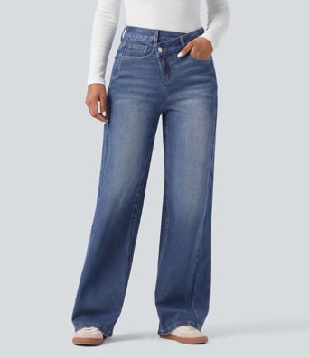 Halara Flex™ Asymmetric High Waisted Washed Casual Baggy Jeans with Pockets