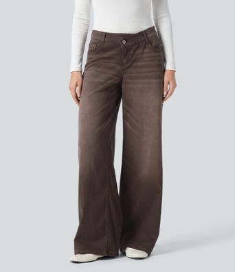 Halara Flex™ asymmetriske jeans med lav talje og vide ben, farvevaskede, afslappet stil, med lommer