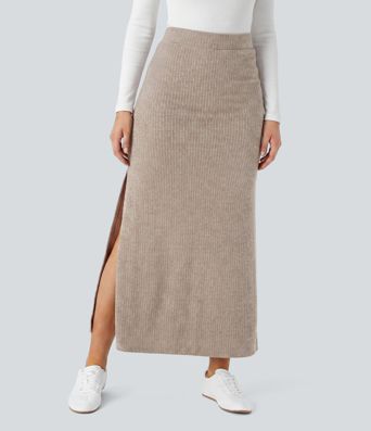 Jupe maxi décontractée taille haute, coupe trapèze (A-line) à ourlet côtelé Jupe maxi décontractée taille haute, coupe trapèze (A-line) à ourlet côtelé