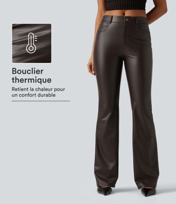 Pantalon bootcut en simili stretch doublé polaire à taille mi-haute avec poches Pantalon bootcut en simili stretch doublé polaire à taille mi-haute avec poches