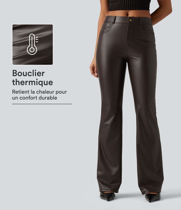 Pantalon bootcut en simili stretch doublé polaire à taille mi-haute avec poches Pantalon bootcut en simili stretch doublé polaire à taille mi-haute avec poches