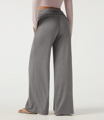 Mid Rise Foldover Ruched Baggy Casual Sweatpants with Pockets Mid Rise Foldover Ruched Baggy Casual Sweatpants with Pockets