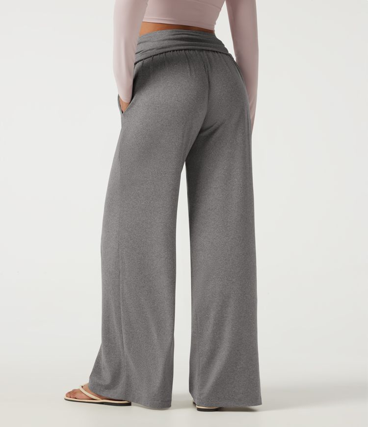 Mid Rise Foldover Ruched Baggy Casual Sweatpants with Pockets Mid Rise Foldover Ruched Baggy Casual Sweatpants with Pockets