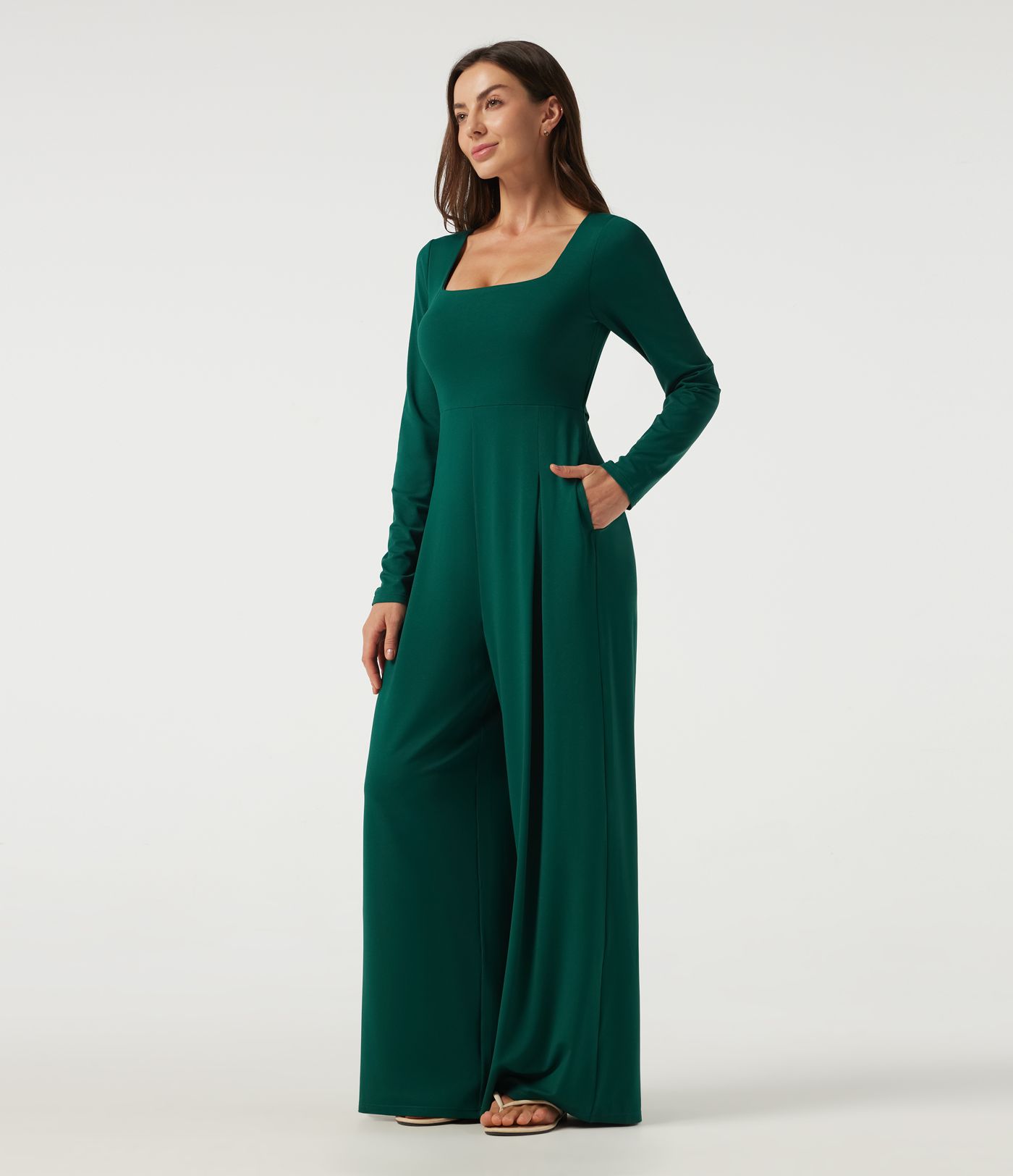 Square Neck Long Sleeve Built-in Bra Wide Leg Casual Jumpsuit with Pockets-Easy Peezy Edition
