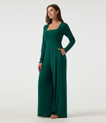 Square Neck Long Sleeve Built-in Bra Wide Leg Casual Jumpsuit with Pockets-Easy Peezy Edition