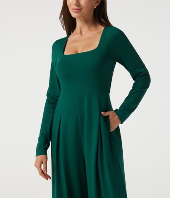 Square Neck Long Sleeve Built-in Bra Wide Leg Casual Jumpsuit with Pockets-Easy Peezy Edition