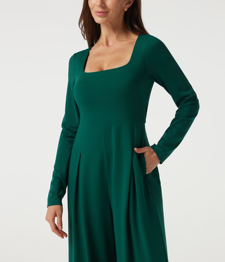 Square Neck Long Sleeve Built-in Bra Wide Leg Casual Jumpsuit with Pockets-Easy Peezy Edition