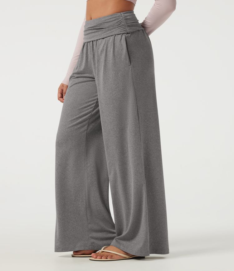 Mid Rise Foldover Ruched Baggy Casual Sweatpants with Pockets Mid Rise Foldover Ruched Baggy Casual Sweatpants with Pockets