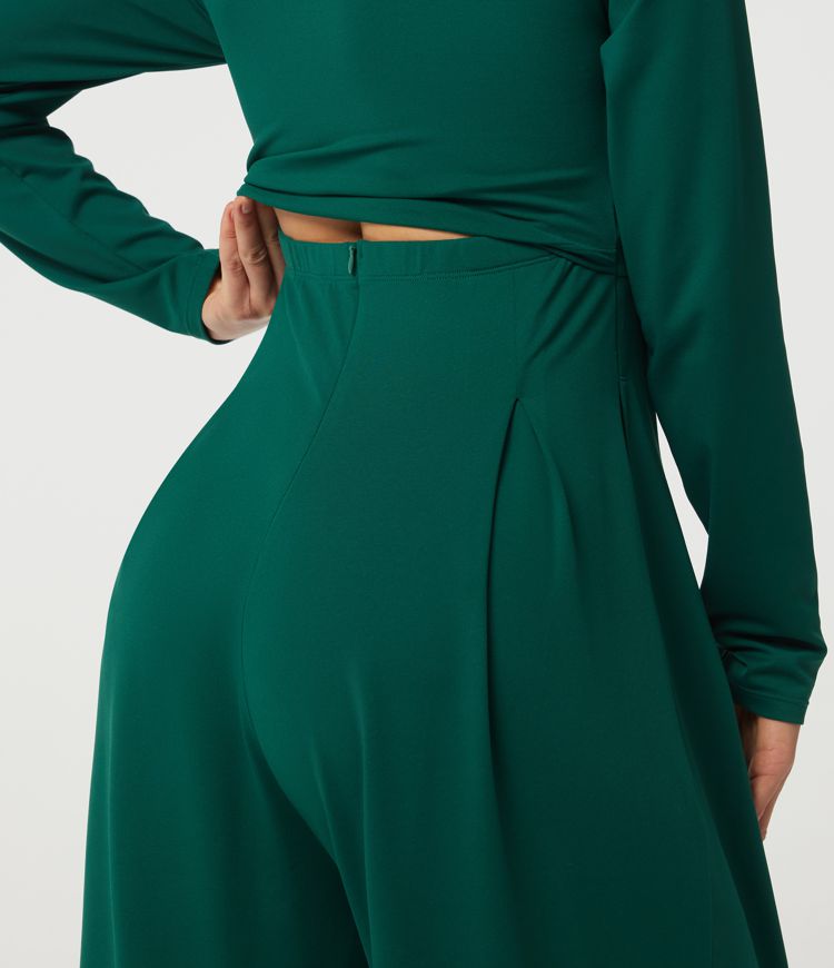 Square Neck Long Sleeve Built-in Bra Wide Leg Casual Jumpsuit with Pockets-Easy Peezy Edition