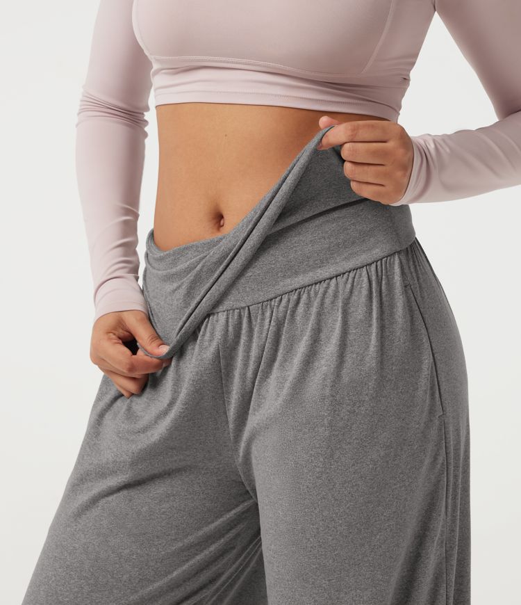 Mid Rise Foldover Ruched Baggy Casual Sweatpants with Pockets Mid Rise Foldover Ruched Baggy Casual Sweatpants with Pockets