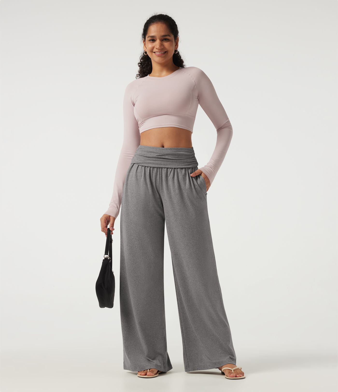 Mid Rise Foldover Ruched Baggy Casual Sweatpants with Pockets Mid Rise Foldover Ruched Baggy Casual Sweatpants with Pockets