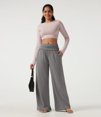 Mid Rise Foldover Ruched Baggy Casual Sweatpants with Pockets Mid Rise Foldover Ruched Baggy Casual Sweatpants with Pockets