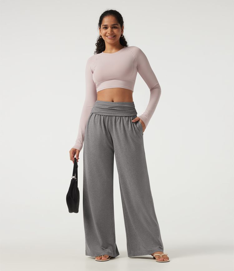 Mid Rise Foldover Ruched Baggy Casual Sweatpants with Pockets Mid Rise Foldover Ruched Baggy Casual Sweatpants with Pockets