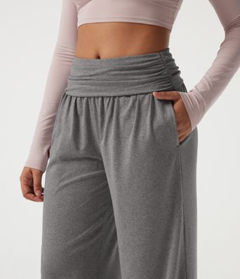 Mid Rise Foldover Ruched Baggy Casual Sweatpants with Pockets Mid Rise Foldover Ruched Baggy Casual Sweatpants with Pockets