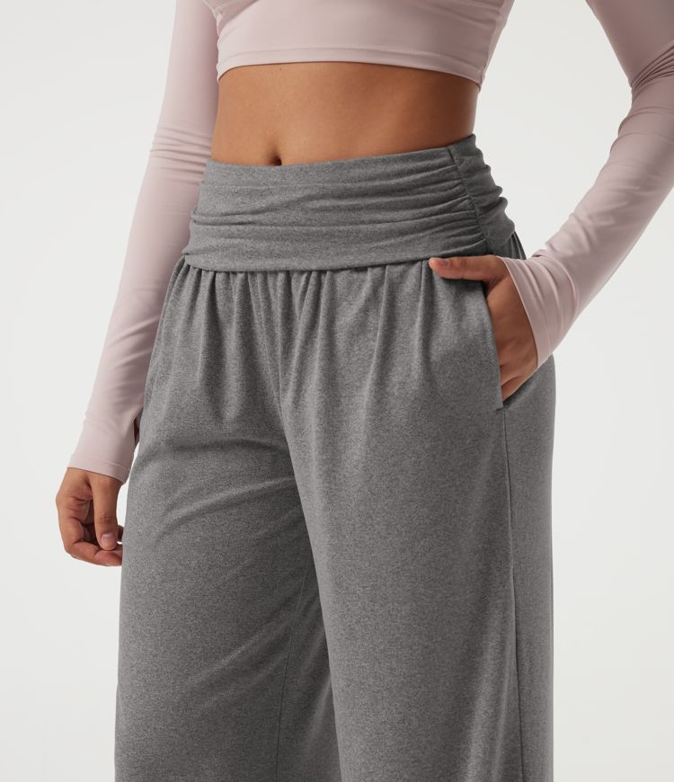 Mid Rise Foldover Ruched Baggy Casual Sweatpants with Pockets Mid Rise Foldover Ruched Baggy Casual Sweatpants with Pockets