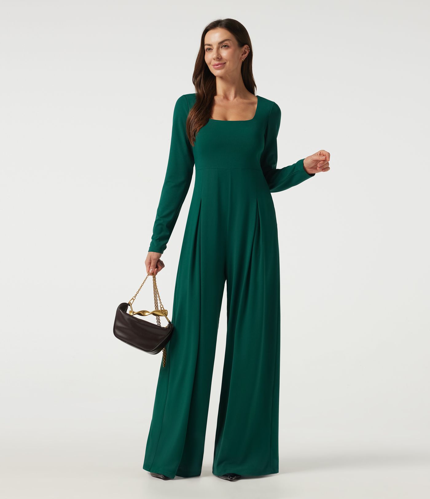 Square Neck Long Sleeve Built-in Bra Wide Leg Casual Jumpsuit with Pockets-Easy Peezy Edition