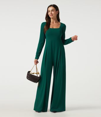 Square Neck Long Sleeve Built-in Bra Wide Leg Casual Jumpsuit with Pockets-Easy Peezy Edition