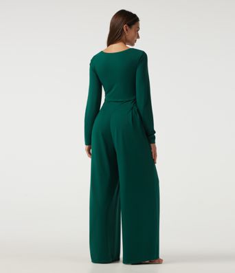 Square Neck Long Sleeve Built-in Bra Wide Leg Casual Jumpsuit with Pockets-Easy Peezy Edition