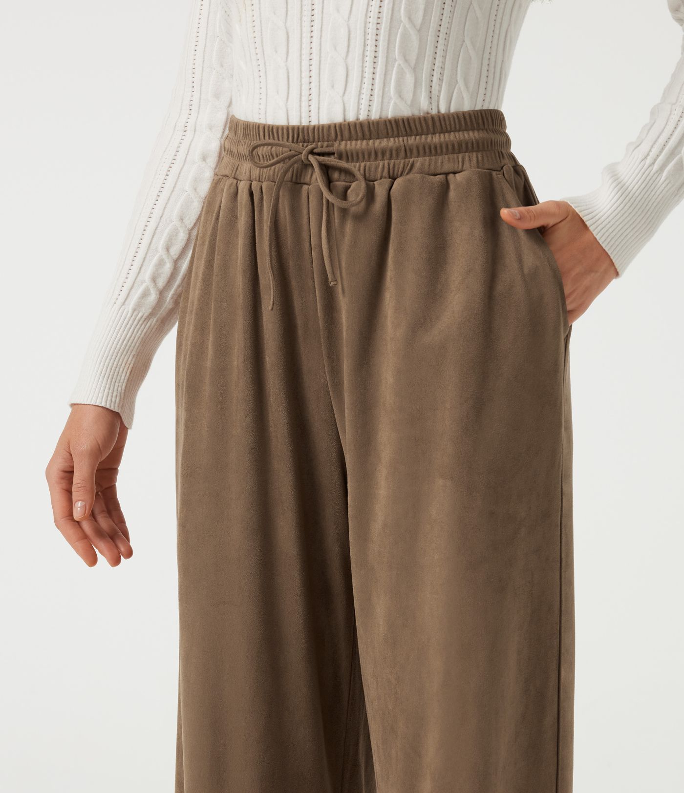 High Waisted Drawstring Wide Leg Suede Casual Pants with Pockets High Waisted Drawstring Wide Leg Suede Casual Pants with Pockets