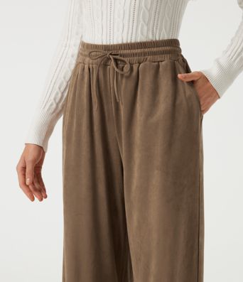High Waisted Drawstring Wide Leg Suede Casual Pants with Pockets High Waisted Drawstring Wide Leg Suede Casual Pants with Pockets