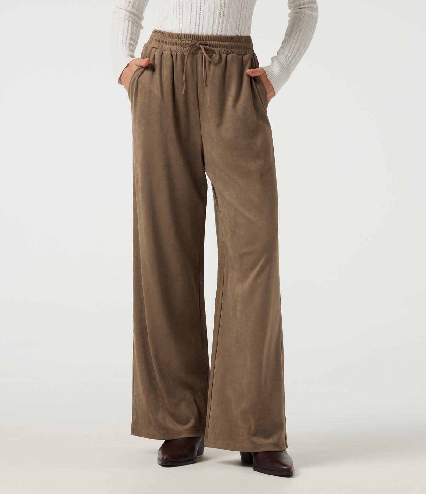 High Waisted Drawstring Wide Leg Suede Casual Pants with Pockets High Waisted Drawstring Wide Leg Suede Casual Pants with Pockets